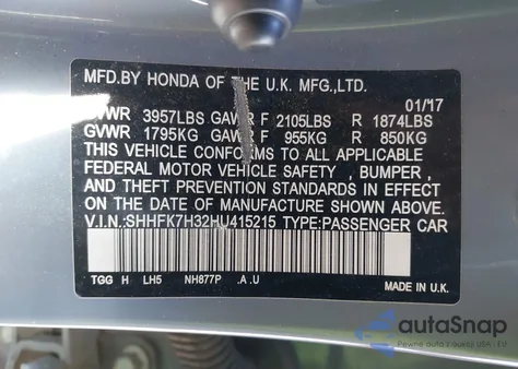 2017 Honda Civic Lx из США, поврежденный, VIN SHHFK7H32HU415215